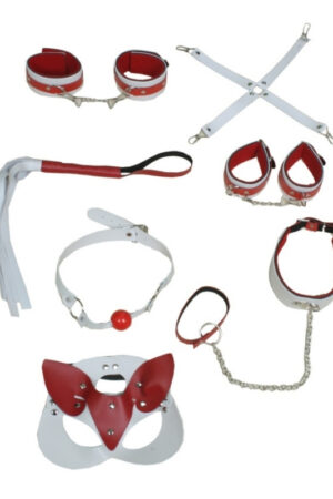 7 Parça Fetiş Esaret Seti Kırmızı Beyaz Kedi Maskeli