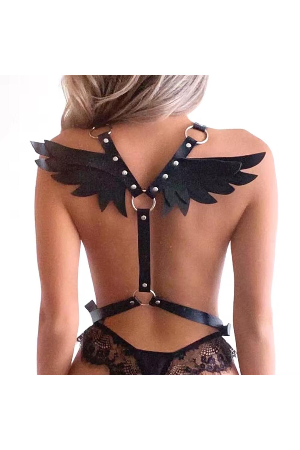 Kanat Tasarımlı Deri Harness Gövde Aksesuarı Siyah - Görsel 2