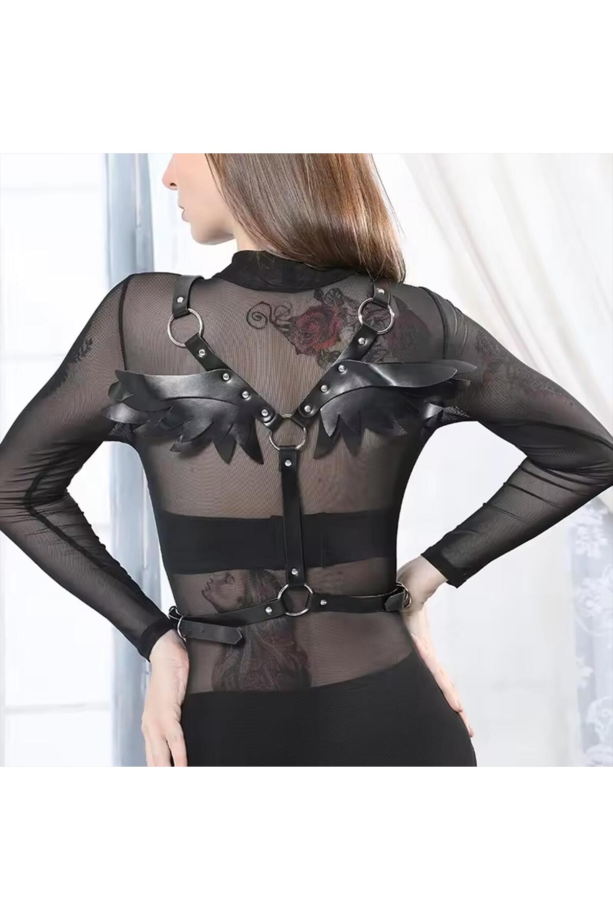 Kanat Tasarımlı Deri Harness Gövde Aksesuarı Siyah - Görsel 4