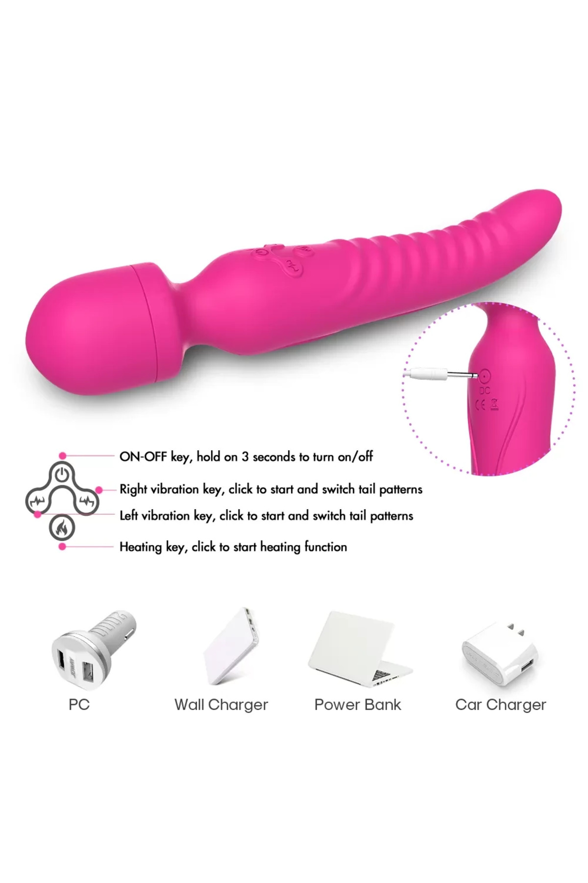 CHOBE Isıtmalı Çift Titreşim Motorlu Klitoris ve G Nokta Wand Vibratör - Pembe - Görsel 5