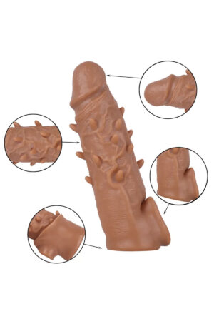LUFI Gerçekçi Et Dokusunda Testis Aparatlı 5 CM Uzatmalı Silikon Tırtıklı Penis Kılıfı