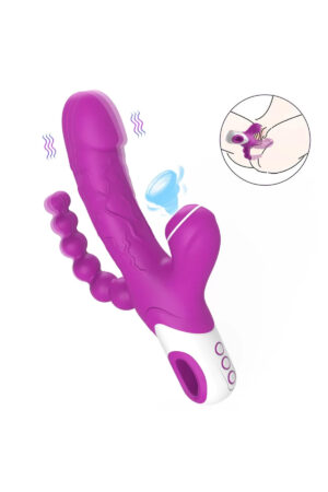 EROS Şarjlı Anal Boncuklu Emiş Güçlü 3 in 1 G Spot Üçlü Dildo Vibratör