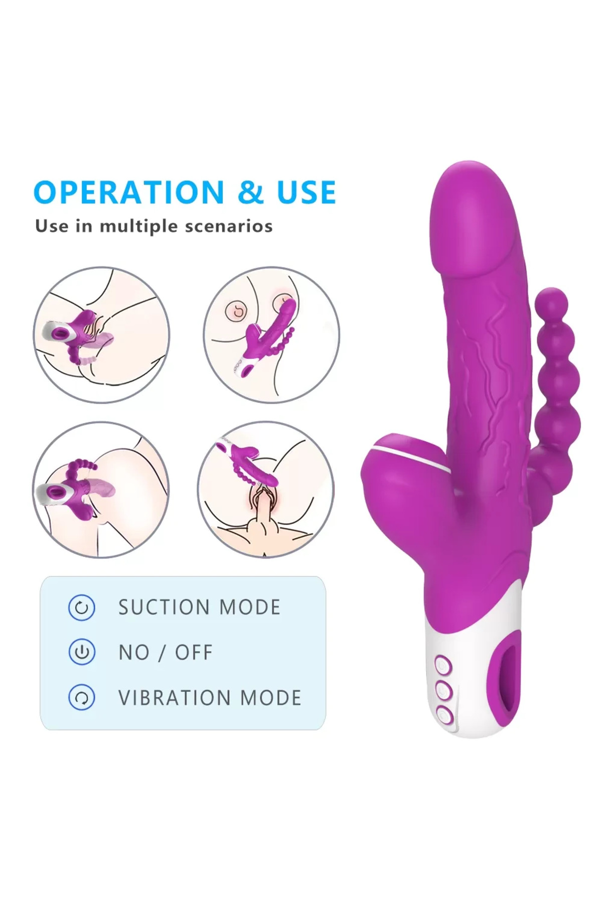 EROS Şarjlı Anal Boncuklu Emiş Güçlü 3 in 1 G Spot Üçlü Dildo Vibratör - Görsel 2