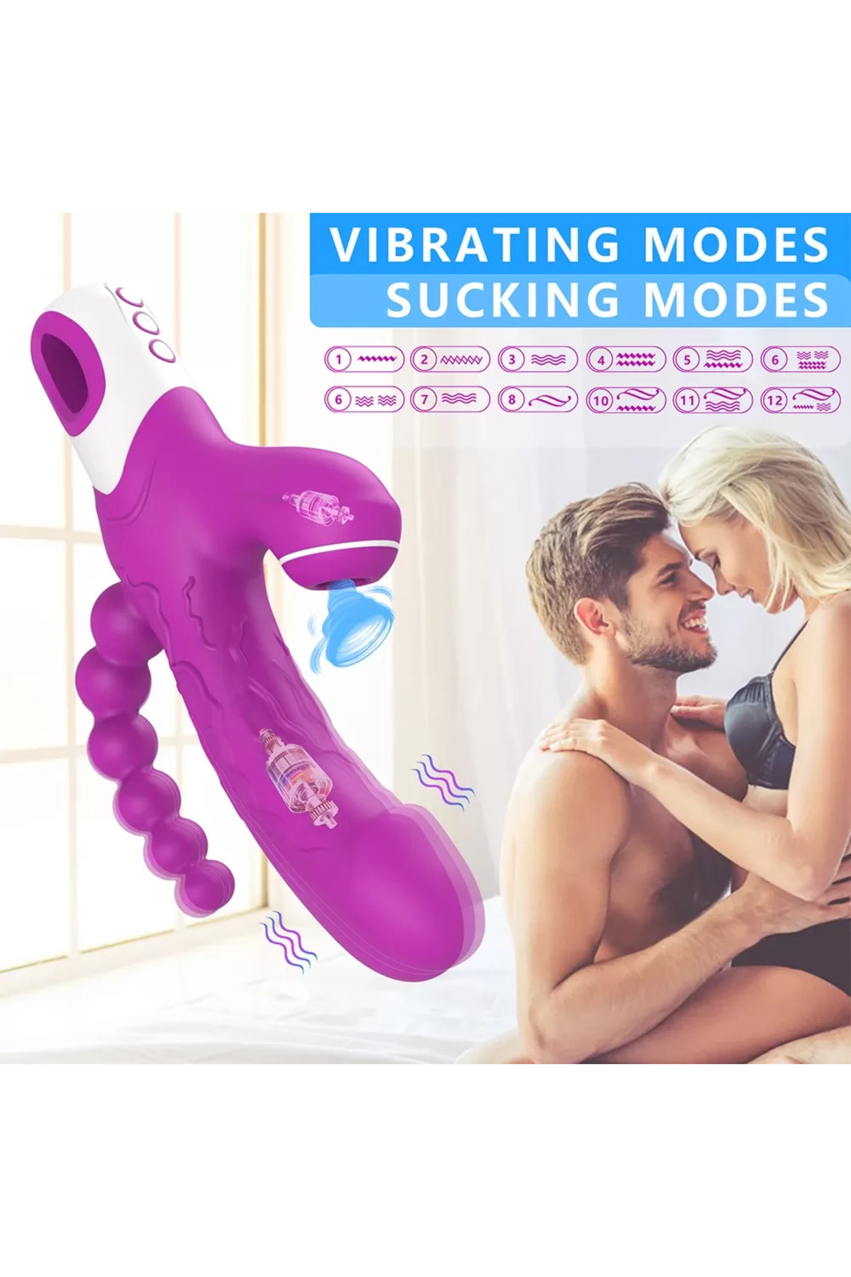 EROS Şarjlı Anal Boncuklu Emiş Güçlü 3 in 1 G Spot Üçlü Dildo Vibratör - Görsel 3