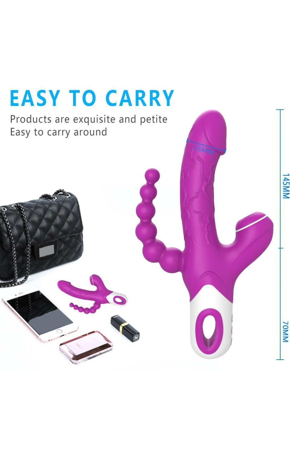 EROS Şarjlı Anal Boncuklu Emiş Güçlü 3 in 1 G Spot Üçlü Dildo Vibratör - Görsel 8