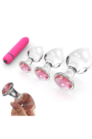 Titreşimli Pembe Mücevher Taşlı Kristal Cam Anal Plug Set