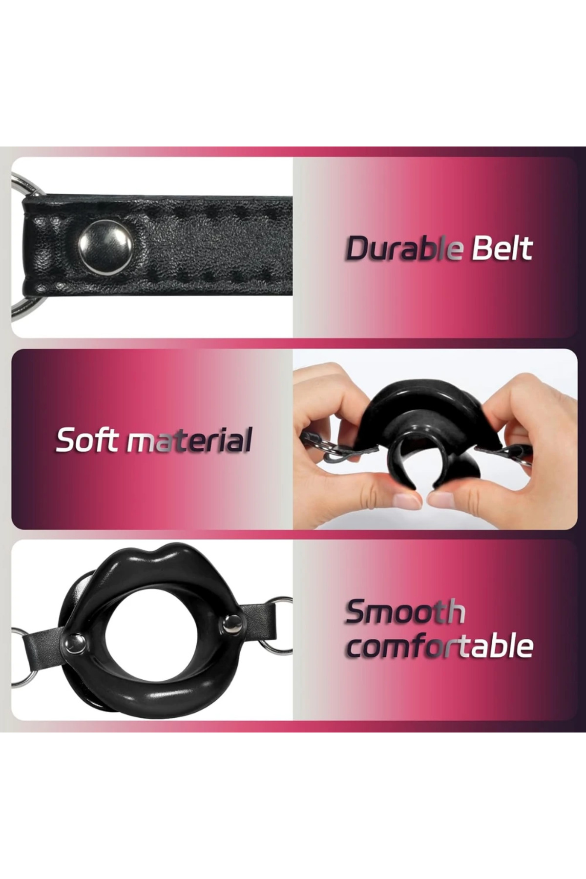 Deri Kemerli Siyah Yumuşak Silikon Dudak Esnek Esaret Ağız Tıkacı Black Open Mouth Lip Gag - Görsel 3