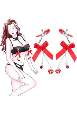 Kırmızı Kurdeleli Kalp Charm Göğüs Uyarıcı Meme Ucu Klipsi Red Ribbon Nipple Clamps