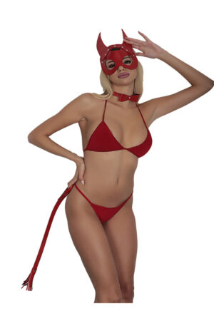 Kırmızı Maskeli Deri 3'lü Harness Set Takım + İç Çamaşır Takımı