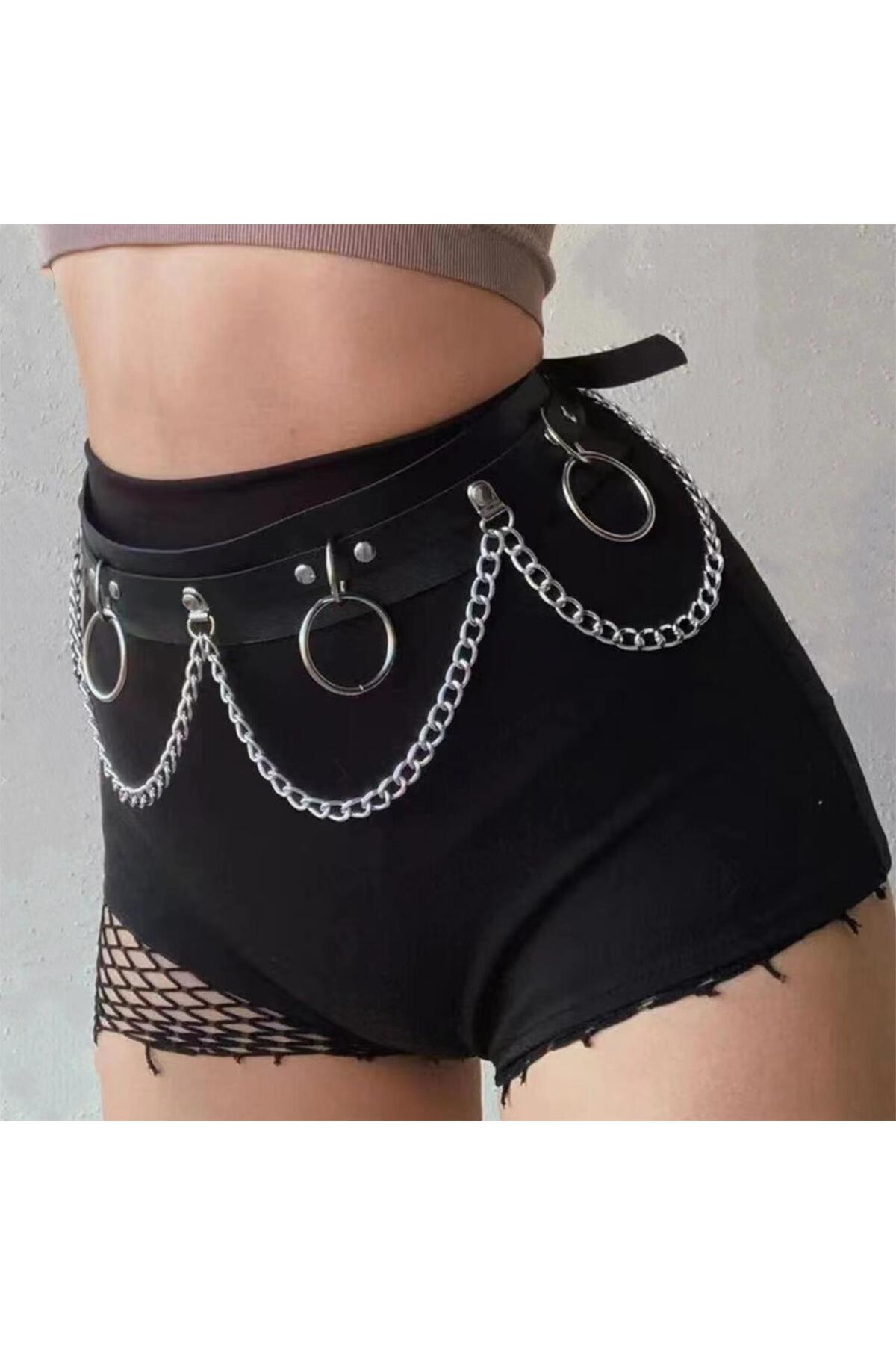 Metal Halkalı Zincir Detaylı Gotik Harness Kemer