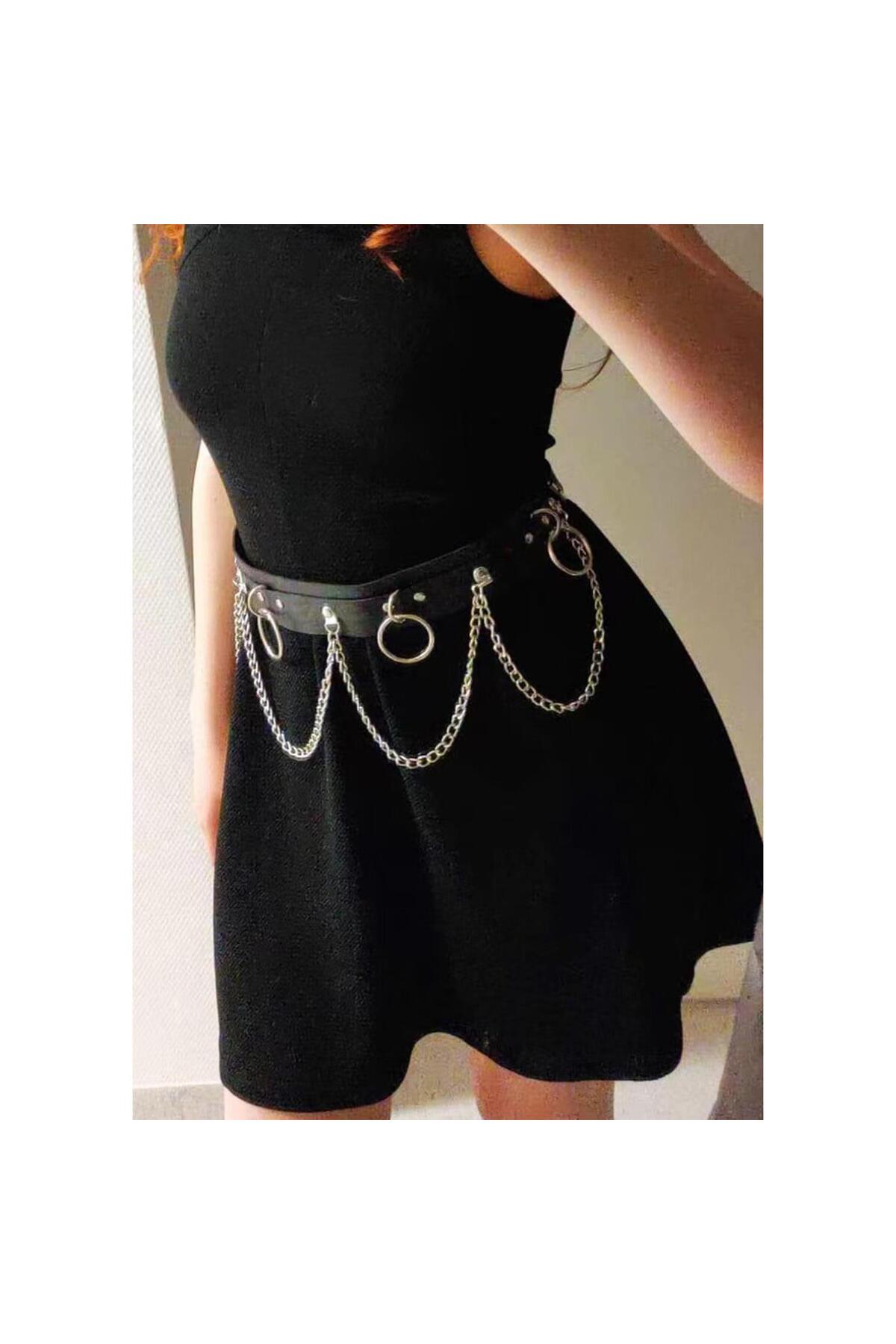 Metal Halkalı Zincir Detaylı Gotik Harness Kemer - Görsel 3