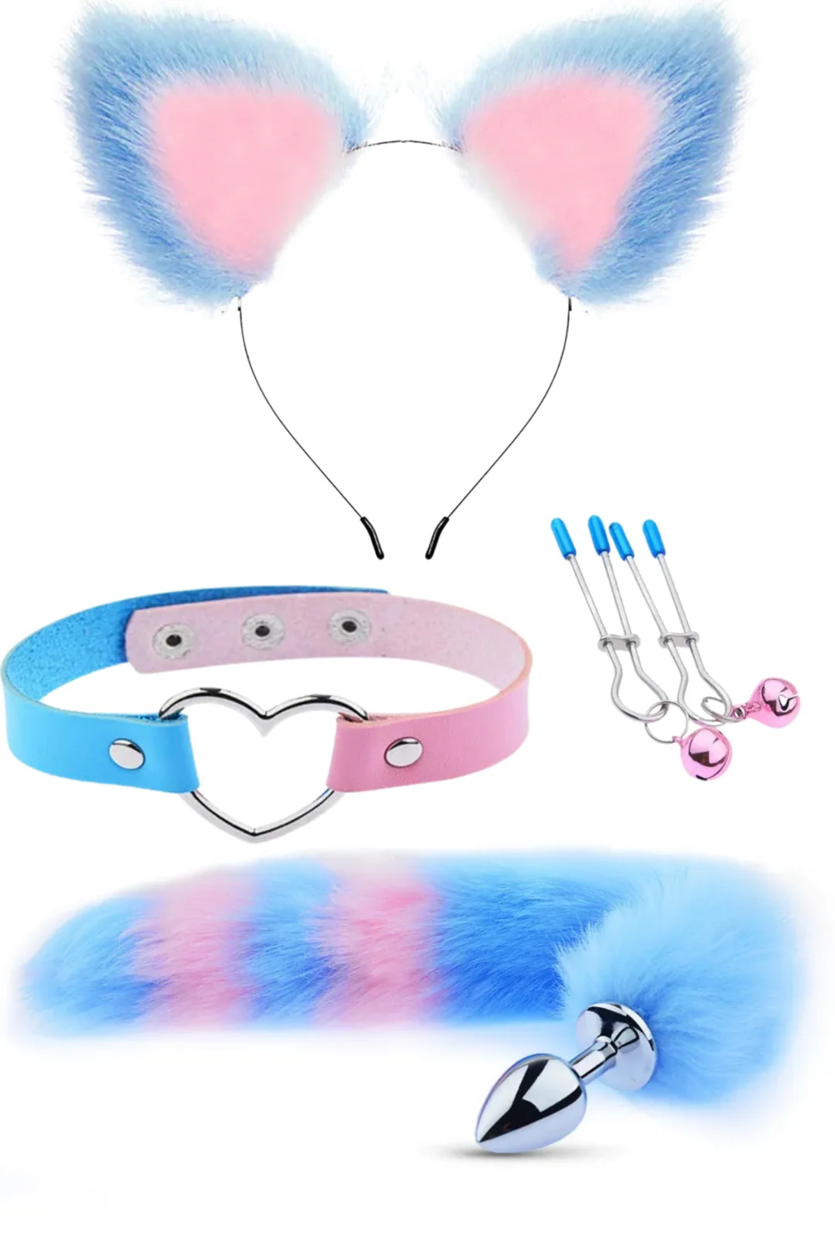 Choker Klips Tüylü Kulak Seti Pembe Mavi Kedi Kuyruklu Paslanmaz Çelik Anal Butt Plug - Görsel 4