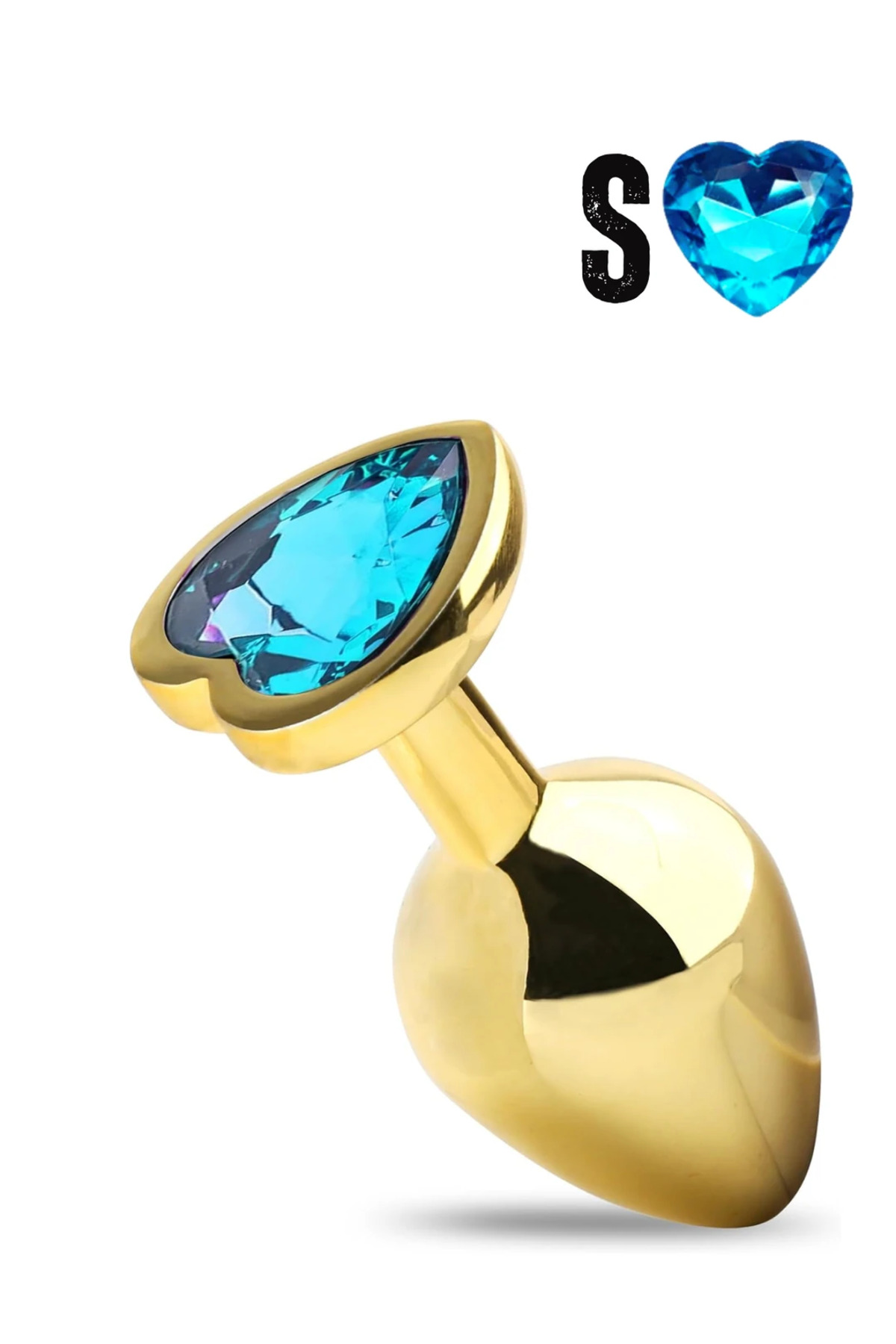 Paslanmaz Çelik Mavi Kalpli Mücevher Taşlı Pürüzsüz Gold Metal Anal Butt Plug - Küçük Boy - Görsel 4